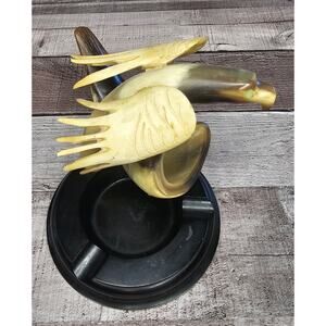 Vintage Hand Carved Eagle Cow Horn Antler Ashtray Pipe Decoration